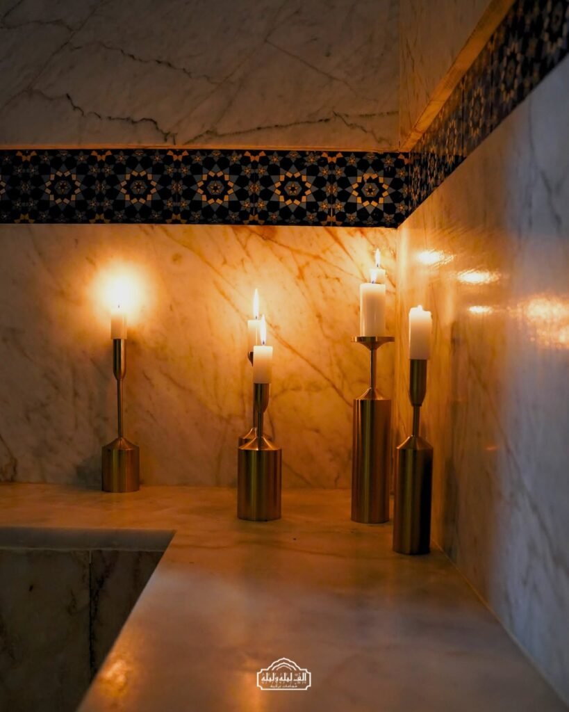 Candlelit marble corridor