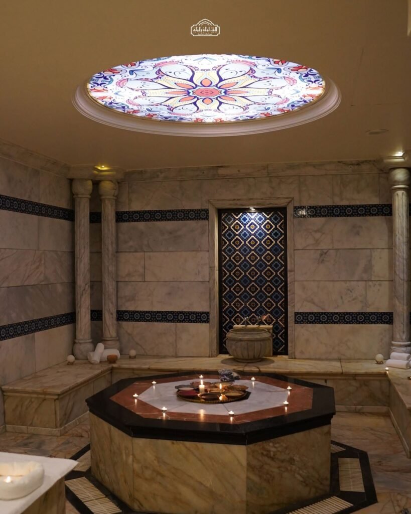 The heated marble slab beneath the stained-glass dome