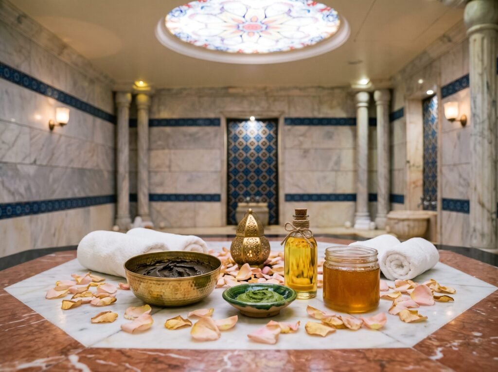 Bride Golden — Moroccan mud, herbal mask and rose petals on the heated marble