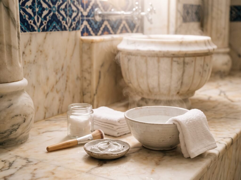 Facial Deep Cleaning — steam bowl, clay mask and brush by the marble basin