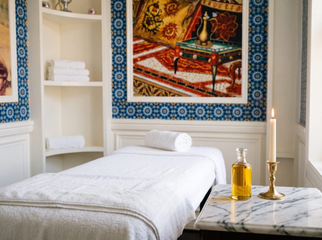 Full Body Massage — the massage room with a single bottle of oil and a candle