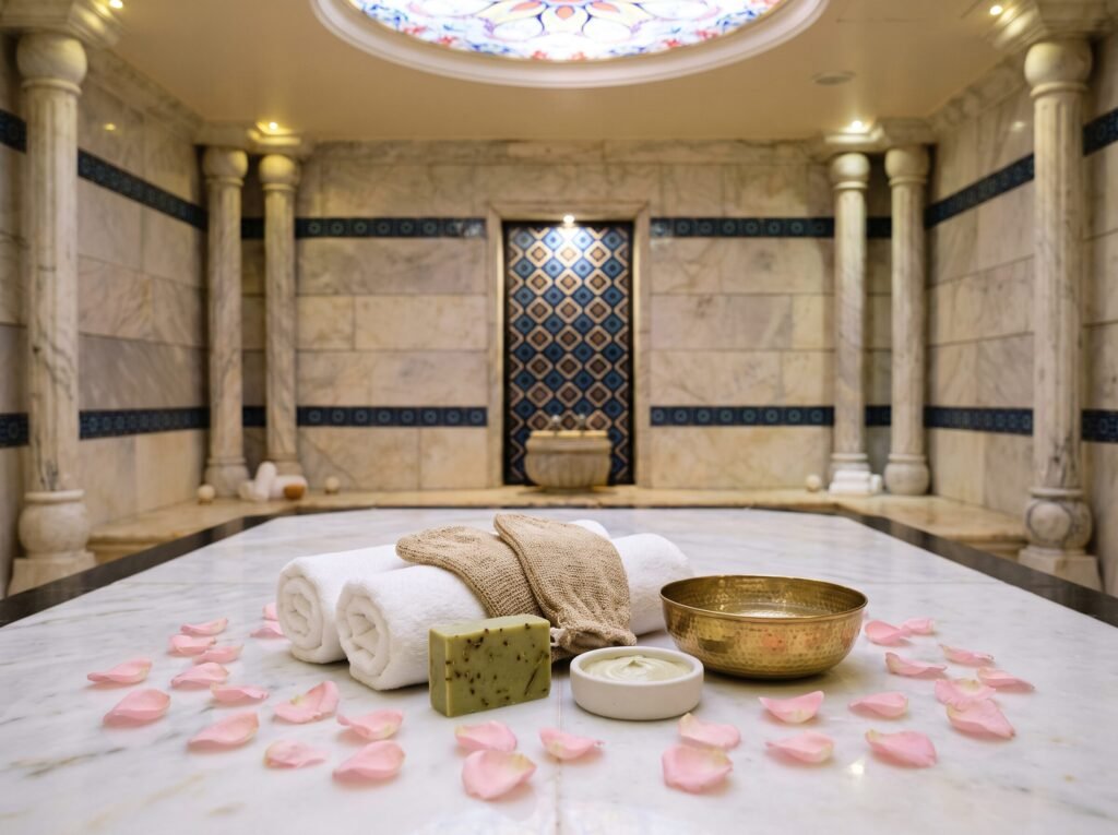 Wedding Day Turkish Bath — laid out for two on the heated marble with rose petals
