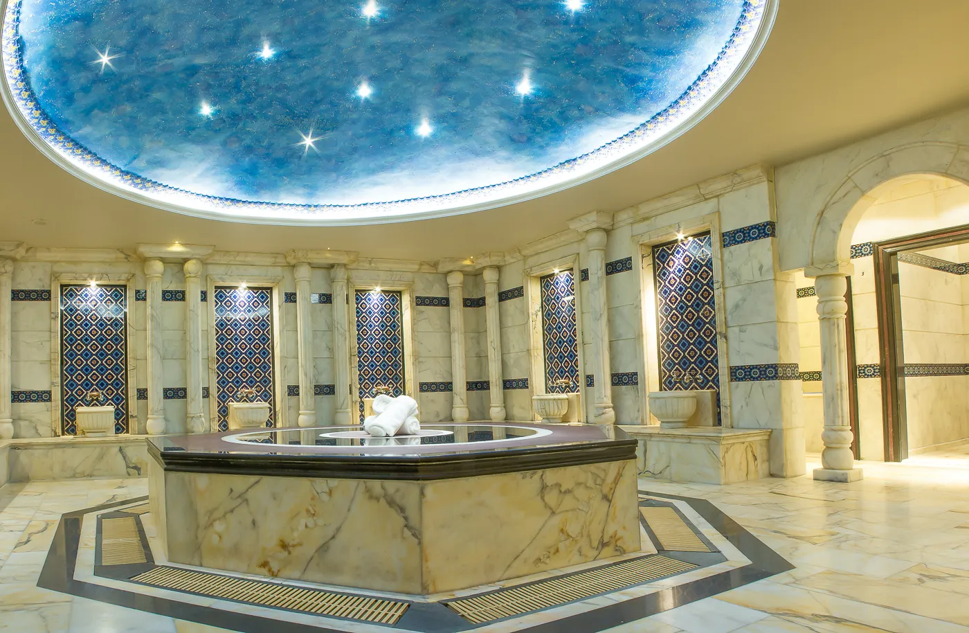 Alf Layla Turkish Bath main marble hall under the starry dome